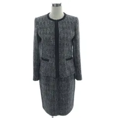 コムサイズム COMME CA ISM スーツ フォーマル ジャケット ノーカラー スカート ストレート ひざ丈 フリンジ ラメ ツイード ウール混 ネイビー 紺 ホワイト 白 シルバー L