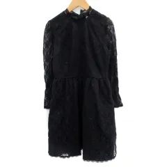 ユニバーバル ミューズ UNIVERVAL MUSE ワンピース ひざ丈 長袖 オフネック レース チュール シースルー 紺 ネイビー /SM19