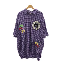 【中古】GALFY ダメージ加工 半袖チェックシャツ サイズL 紫 ガルフィー[91]のサムネイル