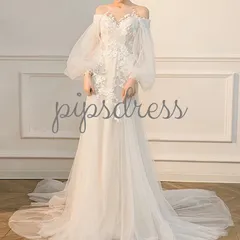 ウェディングドレス S チュール袖 レース 前撮り フォト 結婚式 発表会 2次会