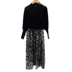 ビス ViS ニットワンピース マキシ丈 ロング丈 長袖 ハイネック 総柄 切替 F 黒 ブラック アイボリー /SM26