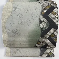【美品】 袋帯 秀品 花唐草 幾何学模様 金銀糸 箔 銀色 六通 正絹 【中古】