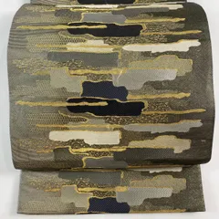 袋帯 秀品 霞 幾何学模様 金糸 刺繍 金色 六通 正絹 【中古】