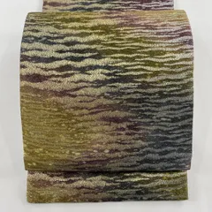 【美品】 袋帯 秀品 霞 幾何学模様 金銀糸 鶯色 全通 正絹 【中古】