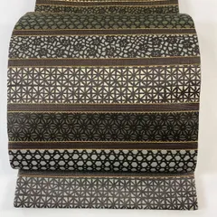【美品】 袋帯 名品 段縞 花 金糸 茶色 全通 正絹 【中古】