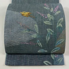 【美品】 袋帯 秀品 草花 鳥 箔 青灰色 お太鼓柄 正絹 【中古】