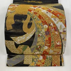 【美品】 袋帯 秀品 束ね熨斗 花鳥 金銀糸 箔 黒 六通 正絹 【中古】