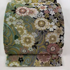 【美品】 袋帯 秀品 桜 流水 金糸 箔 緑 全通 正絹 【中古】