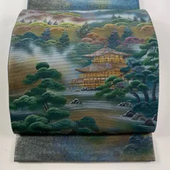 袋帯 秀品 落款 風景 建物 箔 青緑 お太鼓柄 正絹 【中古】