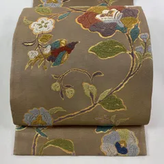 【美品】 袋帯 秀品 草花 鳥 箔 灰茶 六通 正絹 【中古】