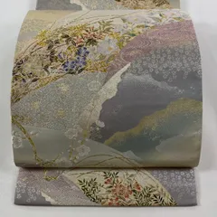 【美品】 袋帯 秀品 椿 流水 金銀糸 箔 灰色 六通 正絹 【中古】