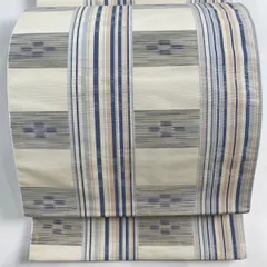 【美品】 袋名古屋帯 秀品 縞 幾何学 クリーム 正絹 【中古】