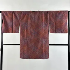 【美品】 道行 身丈93cm 裄丈67cm M 和装コート 角衿 斜め格子 赤茶 正絹 秀品 【中古】