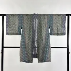 【美品】 道中着 身丈93cm 裄丈60cm S 和装コート 落款 幾何学模様 ぼかし 灰緑 正絹 秀品 【中古】