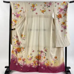 振袖 身丈168cm 裄丈69cm L 袷 花束 蝶 箔 ぼかし クリーム 正絹 秀品 【中古】