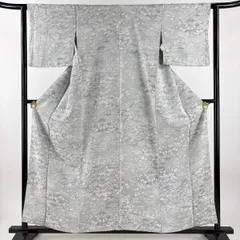 小紋 身丈159cm 裄丈62cm S 袷 草花 流水 紋意匠 灰色 正絹 名品 【中古】
