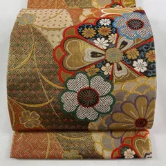 【美品】 袋帯 秀品 振袖向き 花唐草 桜 金糸 箔 金色 六通 正絹 【中古】