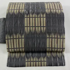 【美品】 名古屋帯 秀品 格子 幾何学模様 灰色 正絹 【中古】