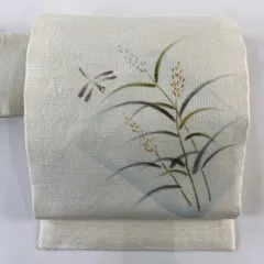 名古屋帯 秀品 夏帯 とんぼ ススキ 金彩 クリーム 正絹 【中古】
