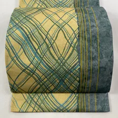 【美品】 袋帯 逸品 落款 牛首紬地 よろけ縞 幾何学 黄土色 全通 正絹 【中古】