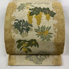 袋帯 逸品 果樹 葉柄 刺繍 金銀糸 ベージュ お太鼓柄 正絹 【中古】