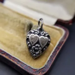 WWII期 ヴィンテージ スウィートハートジュエリー ダブルハート 勿忘草 チャーム 925 シルバー ペンダントヘッド 銀 レトロ Y25-D