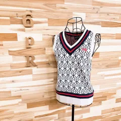 【パーリーゲイツ】Vネック ゴルフ ニット ベスト ウサギ総柄 ボーダー 白×紺