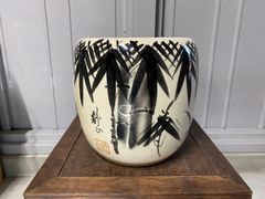昭和レトロ 焼物 松幸 陶器製 水墨画 墨 火鉢 睡蓮鉢 金魚鉢 メダカ鉢