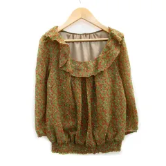 ロペピクニック ROPE Picnic ブラウス カットソー 長袖 ラウンドネック フリル 花柄 38 マルチカラー カーキ /MS23