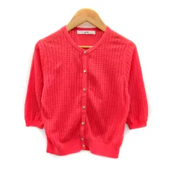 エフデ ef-de カーディガン ミドル丈 七分袖 クルーネック 透かし編み 9 ピンク /SY27