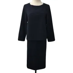 ナチュラルビューティーベーシック NATURAL BEAUTY BASIC セットアップ ブラウス プルオーバー ノーカラー 長袖 スカート タイト ひざ丈 ツイード調 L 紺 ネイビー