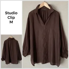 【美品♪】studio CLIP リネン100% ブラウス M ブラウン スキッパー ゆったり シワ感ナチュラル 涼しい 体型カバー 大人カジュアル 長袖 C271