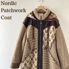Nordic Patchwork Coat フード付き 2way ウール混コート ブラウン系 ピノーレ 上質素材 ナチュラル フォークロアデザイン  総柄 パッチワーク 調 切り替えデザイン ゆったり 秋冬 レディース アウター