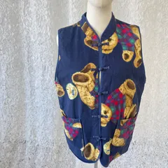 テディベア柄 ベスト ノースリーブ もこもこ 裏地あり チャイナボタン Tranquillite コットン M?L