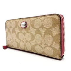 【良品】 COACH コーチ 長財布 ロングウォレット ラウンドファスナー シグネチャー pvc レザー 革 ピンク 桃色 ベージュ 肌色 シルバー金具 ユニセックス 男女兼用 メンズ レディース