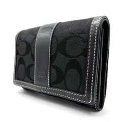 【良品】 COACH コーチ コンパクトウォレット 三つ折り財布 シグネチャー キャンバス レザー 革 ブラック 黒色 ユニセックス 男女兼用 メンズ レディース