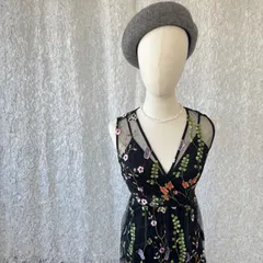 刺繍チュール×ブラック　ボタニカル柄　キャミ付きロングエンブロイダリーワンピース　花柄　透け感　ヴィンテージ　美ライン