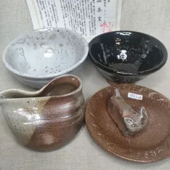 和食器５点セット　斑茶碗　天目茶碗　タレ入れ　焼き締め豆皿　焼き締め猫箸置き　５点セット　唐津焼　山茶窯
