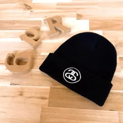 【ステューシー】サークル シャネル 刺繍 ＳＳロゴ ニット帽 黒ブラック×白