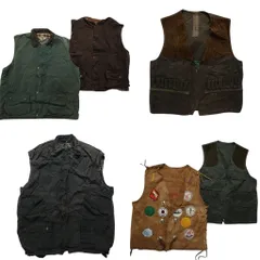 古着卸 まとめ売り オイルド ベスト ジャケット 5枚セット (メンズ L /XL /2XL ) 裏地チェック 襟コーデュロイ ワッペン 中古 古着 NC6282