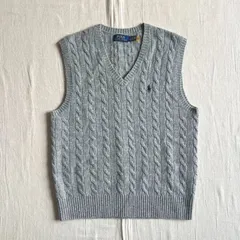 美品　2023年製　近年モデル　Polo Ralph Lauren　ポロラルフローレン　ケーブルニット　ウールセーター　毛100％　Vネック　プルオーバーベスト　ワンポイントポニーロゴ刺繍　S　ライトグレー　CABLESTPP-SLEEVELESS-VEST