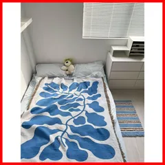 四季通用 洗える ベッドカバー汚れ防止 インテリア (130X160cm) ブルー ボタニカル柄 北欧