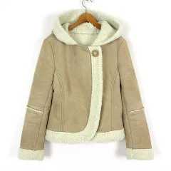 ベルメゾン BELLE MAISON ジャケット フェイクムートン ボア 切替 フード 裏ボア 長袖 M キャメルベージュ オフ白 アイボリー