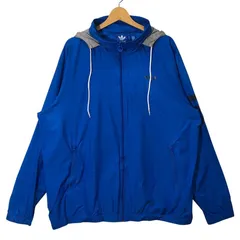 adidas アディダス ナイロンジャケット ウインドブレーカー 内側ポケット スリーライン フード収納 長袖 ワンポイントプリント オーバーサイズ ビッグシルエット ベトナム製 XLサイズ ブルー