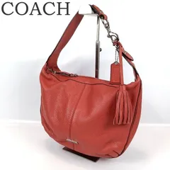 美品 COACH コーチ ワンショルダーバッグ シボ革 レザー レッド系 タッセル 肩掛け ホーボー 半月 ハーフムーン ロゴプレート レディース