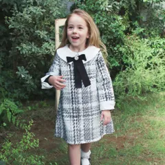 キッズ ワンピース ドレス 女の子 長袖 120cm ココットワンピース 卒園式 入園式 入学式 結婚式 パーティ 発表会 七五三 ツイード リボン かわいい オシャレ 可愛い おしゃれ WHITE