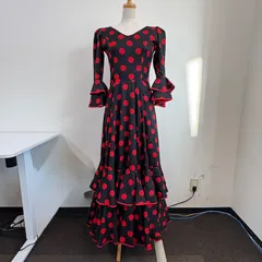 フラメンコ衣装 ドレス フリル  赤 黒 ドット 七分袖