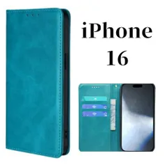 iPhone16 ケース 手帳型 マグネット スリム レザー シンプル ポケット付き スマホケース カバー スマホカバー 衝撃吸収 携帯ケース 丈夫 耐水 キズ防止  財布型 iPhone 16 アイフォン ソフトバンク docomo au ターコイズブルー