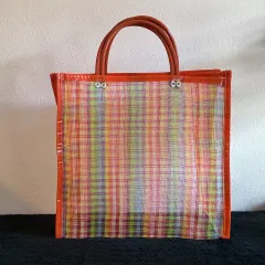 メルカドバッグ シンプル 底マチあり《29 x 30cm・チェック》メキシコ雑貨 メッシュバッグ