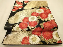 平和屋着物◎六通柄袋帯　吉祥花文　黒地　金銀糸　正絹　逸品　DAAY4444jm